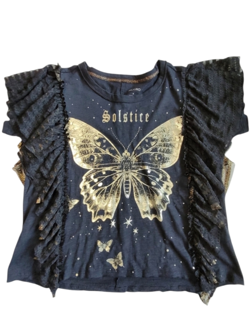 Anthropologie Pilcro Solstice Butterfly Tee Black Gold Lace Flutter Sleeve S - Picture 5 of 15